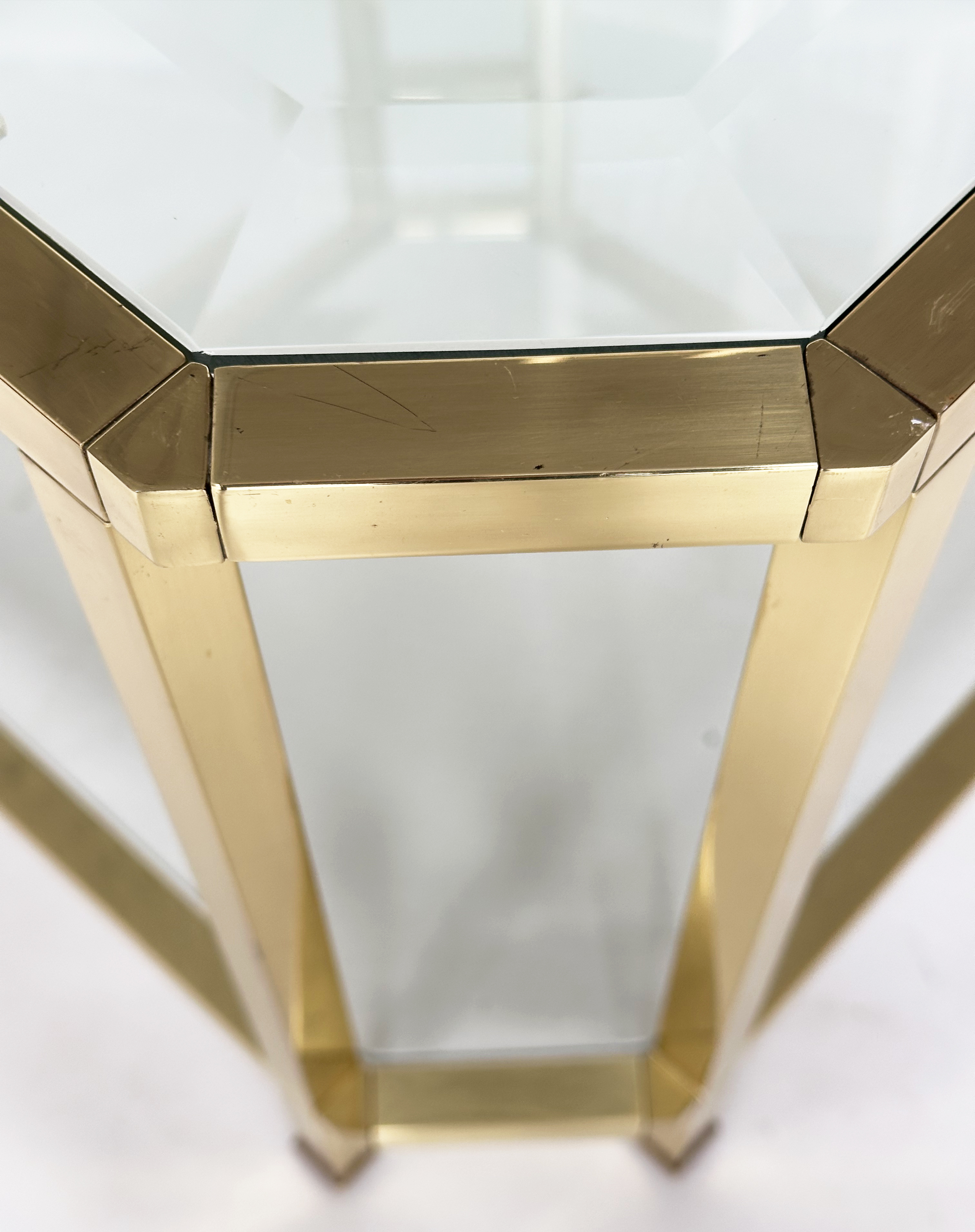 LAMP TABLES, a pair, 1970's gilt metal, square with canted corners and bevelled glass and glazed - Image 5 of 8