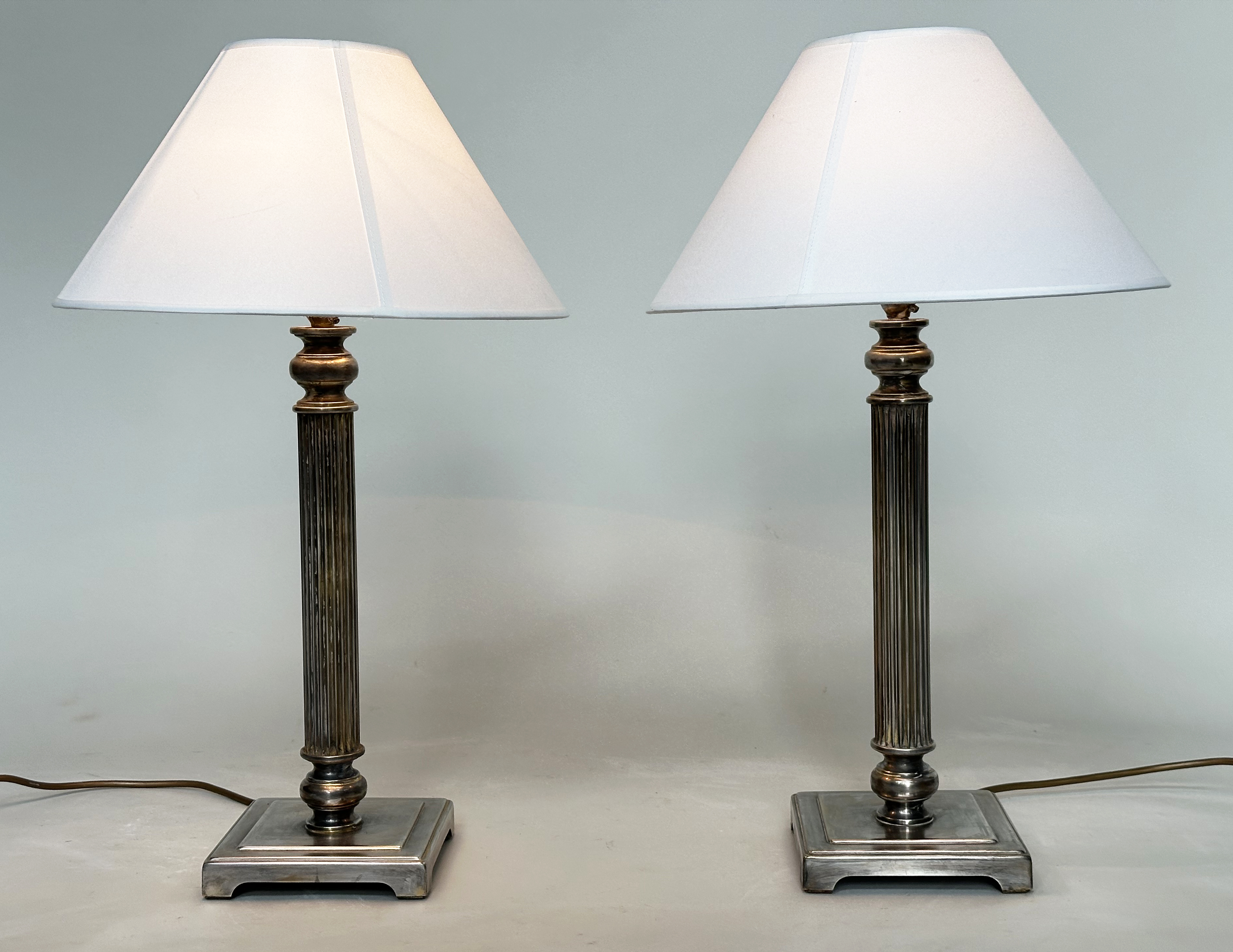 TABLE LAMPS, a pair, silvered metal each with reeded column, and square bases (with shades), 66cm H. - Image 6 of 6