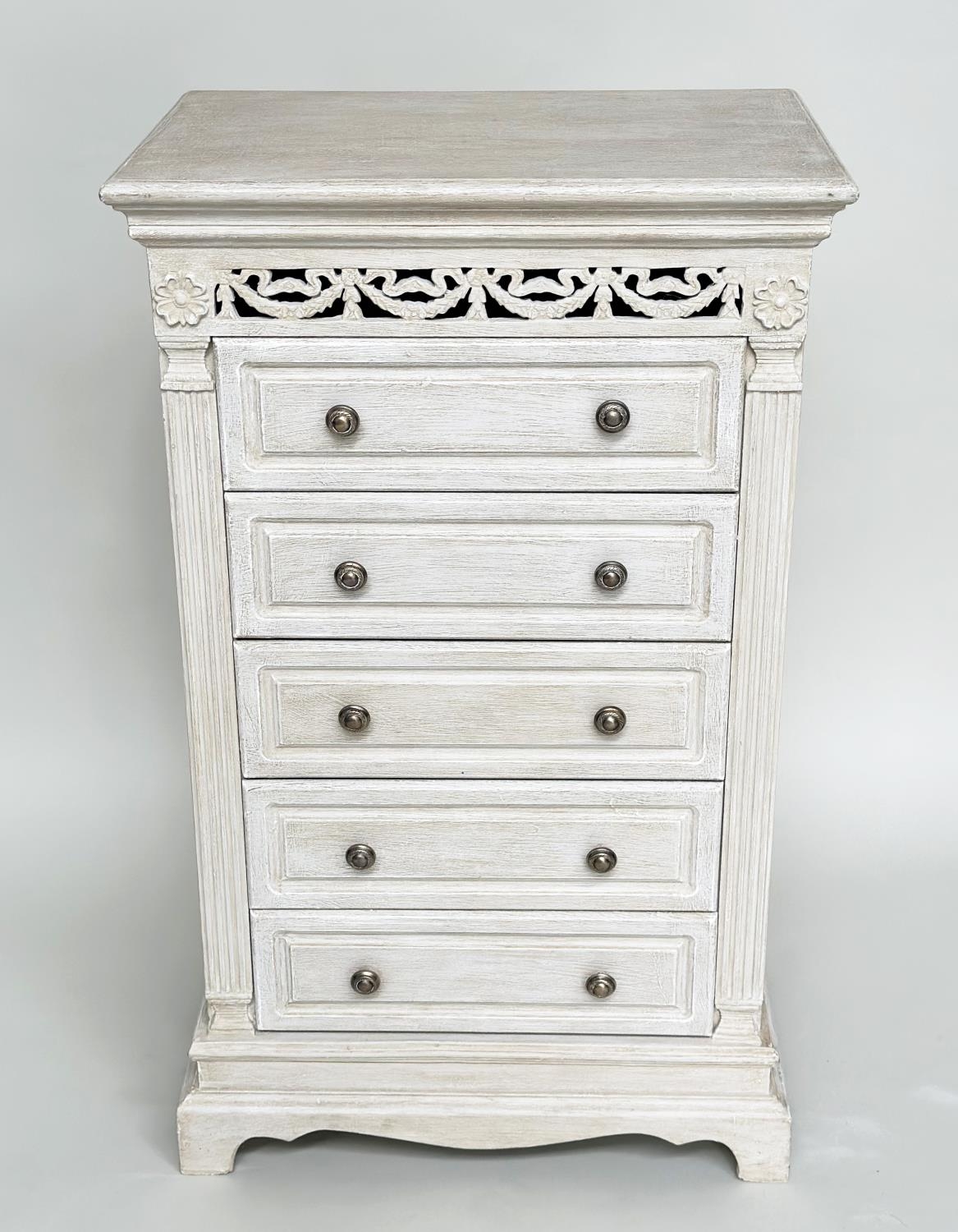 TALL CHEST, French style traditionally grey painted with pierced frieze and five drawers, 100cm H