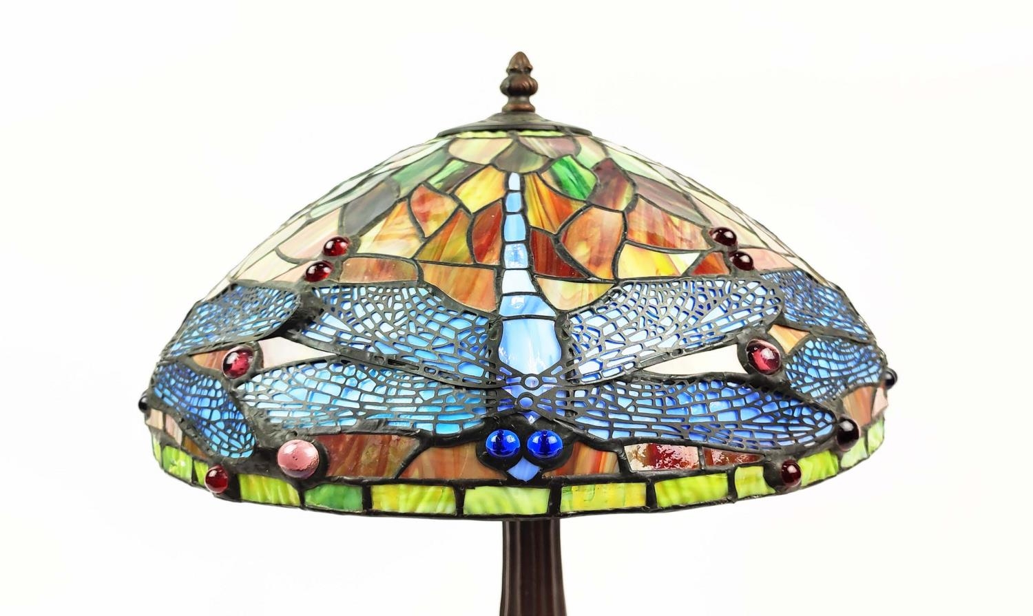 TABLE LAMP, Tiffany style, stained glass shade, bronzed base, 41cm high. - Image 3 of 6