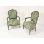 FAUTEUILS, a pair, Louis XV style, grey painted with green leaf patterned upholstery, 92cm H x