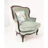BERGERE, 19th century French, in duck egg blue velvet with an oak showframe, 98cm H x 74cm W.