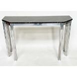 ATTRIBUTED TO ALBRIZZI CONSOLE TABLE, with canted marble and chrome solid cluster column supports,