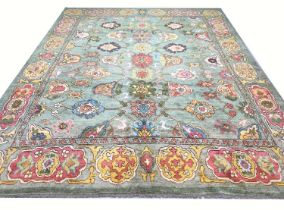 FINE GREEN TURKISH OUSHAK CARPET, 390cm x 328cm.