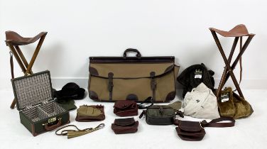 QUANTITY OF ITEMS, of shooting interest, comprising canvas and leather bag, three shoulder cartridge