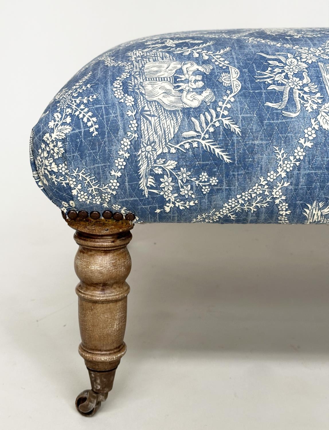 HEARTH STOOL, rectangular Pierre Frey toile de jouy upholstered with limed oak tapering supports, - Image 9 of 11