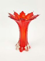 MURANO GLASS VASE, hand blown, red waisted body, flared form, 37cm H.