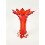 MURANO GLASS VASE, hand blown, red waisted body, flared form, 37cm H.