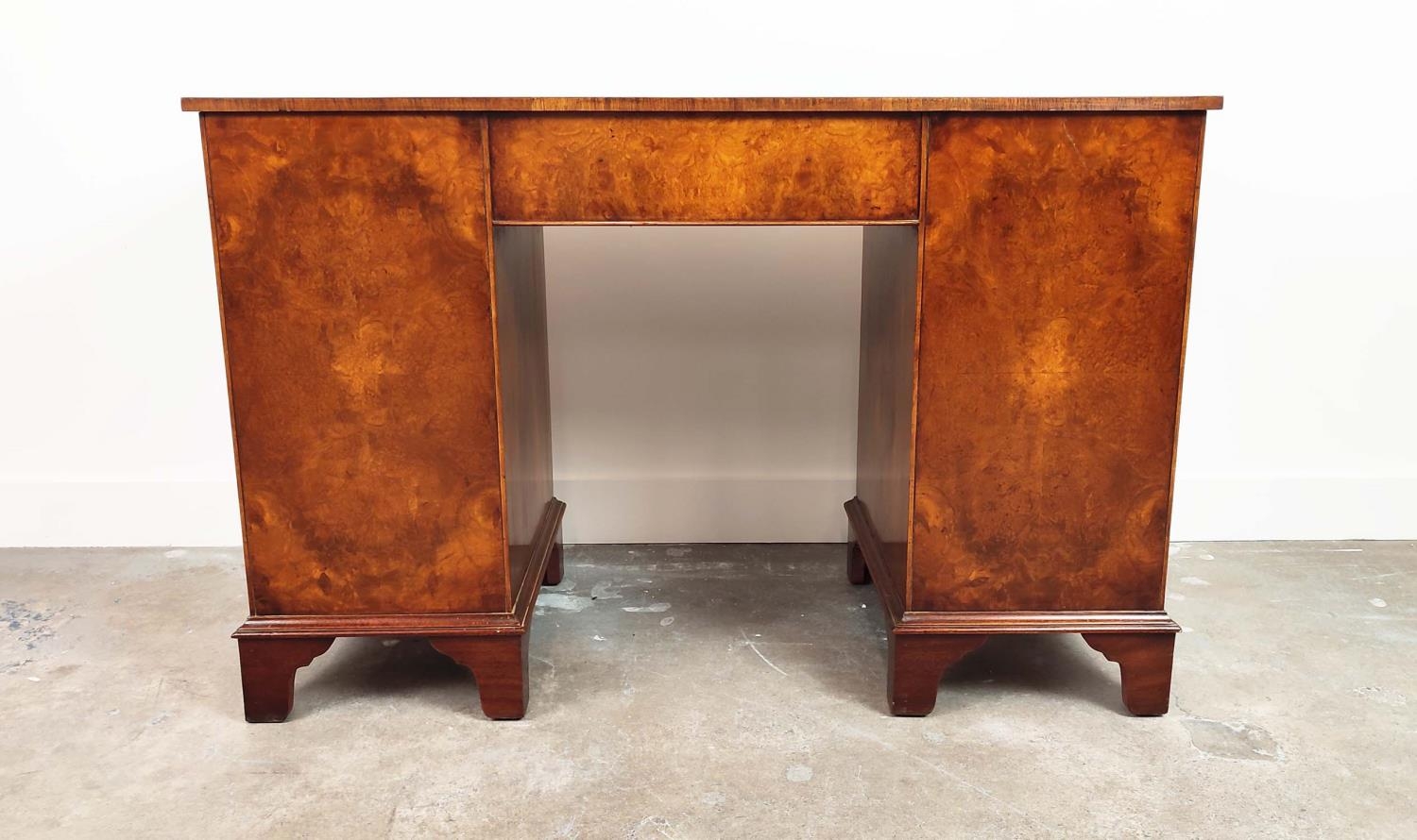 KNEEHOLE DESK, Georgian style, burr walnut with black leather top above nine bowed drawers, 75cm H x - Image 10 of 10