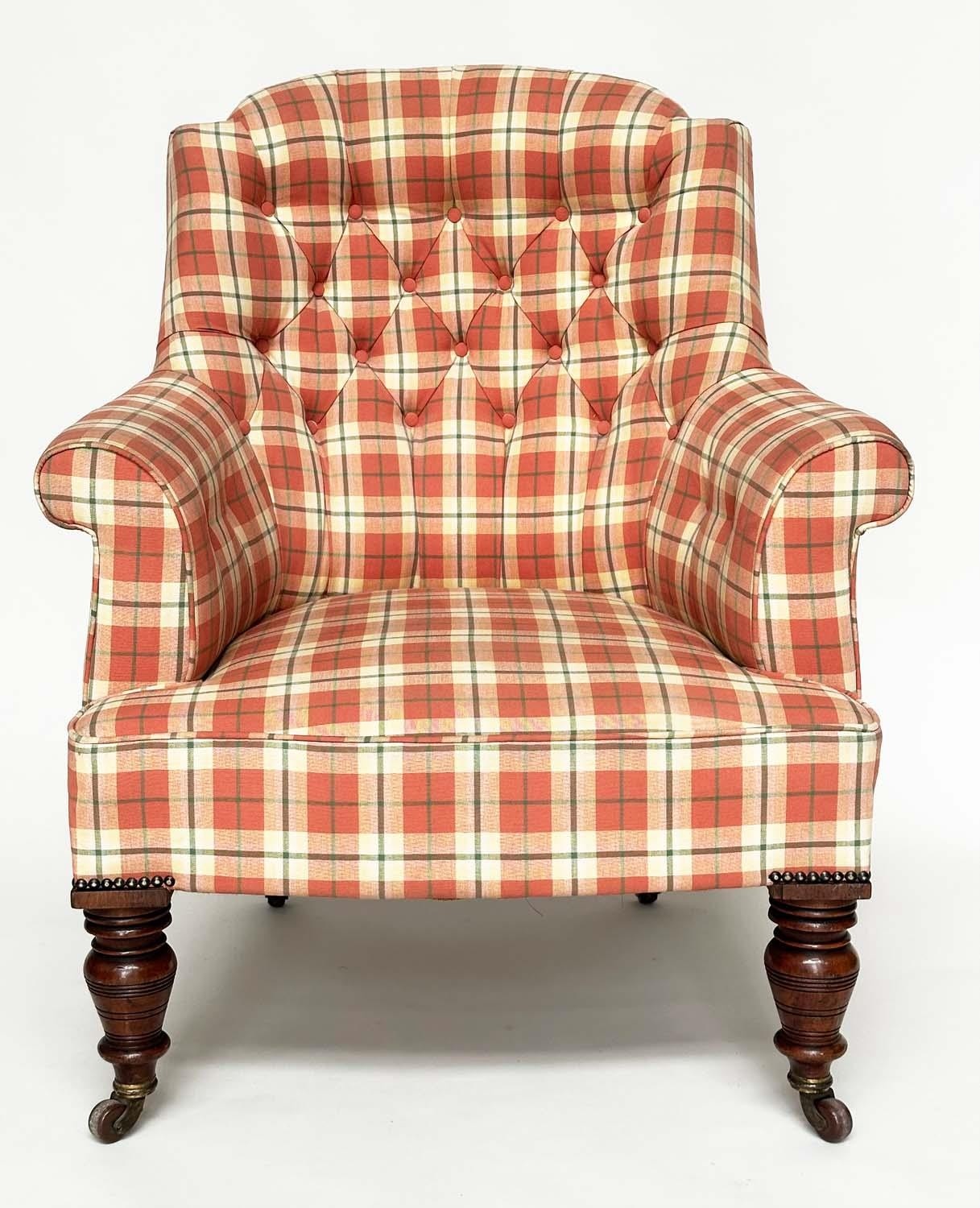 ARMCHAIR, Victorian mahogany line check button upholstery, with scroll arms and turned supports, - Image 4 of 6
