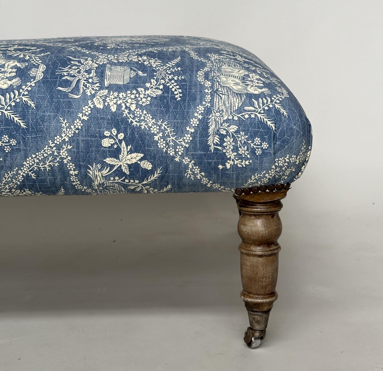 HEARTH STOOL, rectangular Pierre Frey toile de jouy upholstered with limed oak tapering supports, - Image 11 of 11