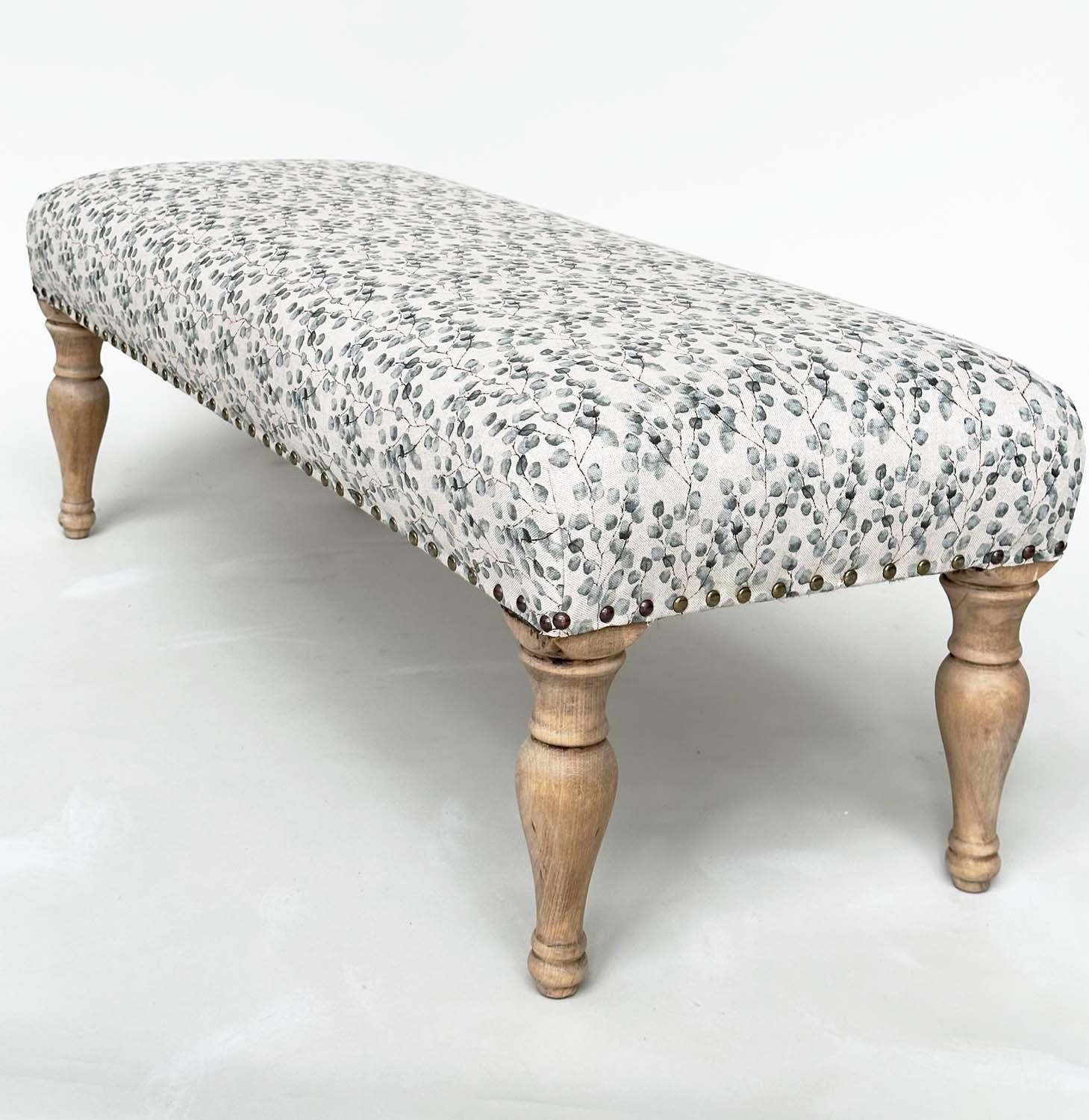 WINDOW SEAT, rectangular with close nailed eucalytus printed cotton upholstery and turned - Image 10 of 10