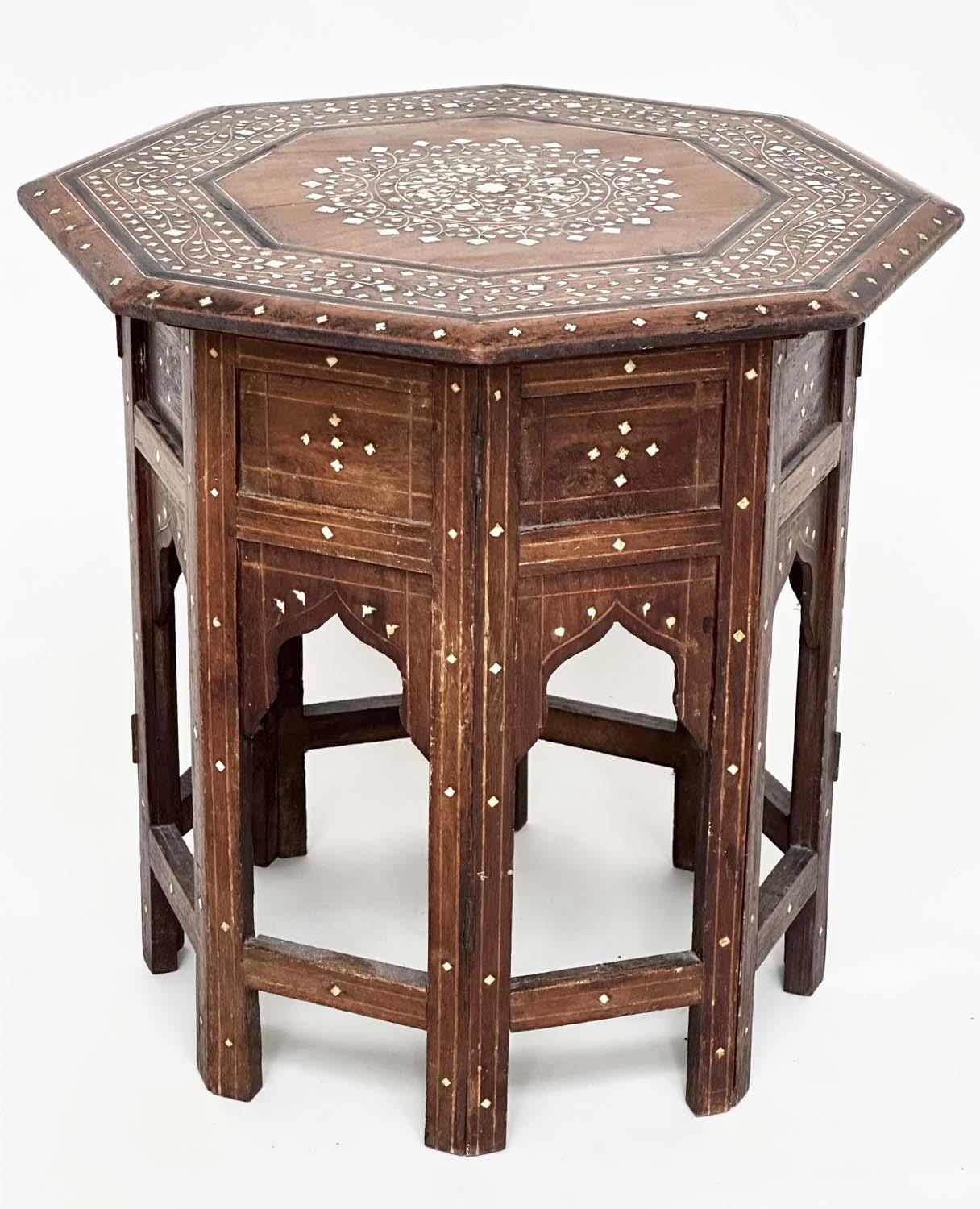 HOSHIARPUR TABLE, 19th century Indian octagonal bone and ebony inlaid, 44cm W x 44cm H.