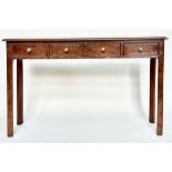 HALL TABLE, George III design burr walnut and crossbanded with four frieze drawers, 126cm x 32cm x