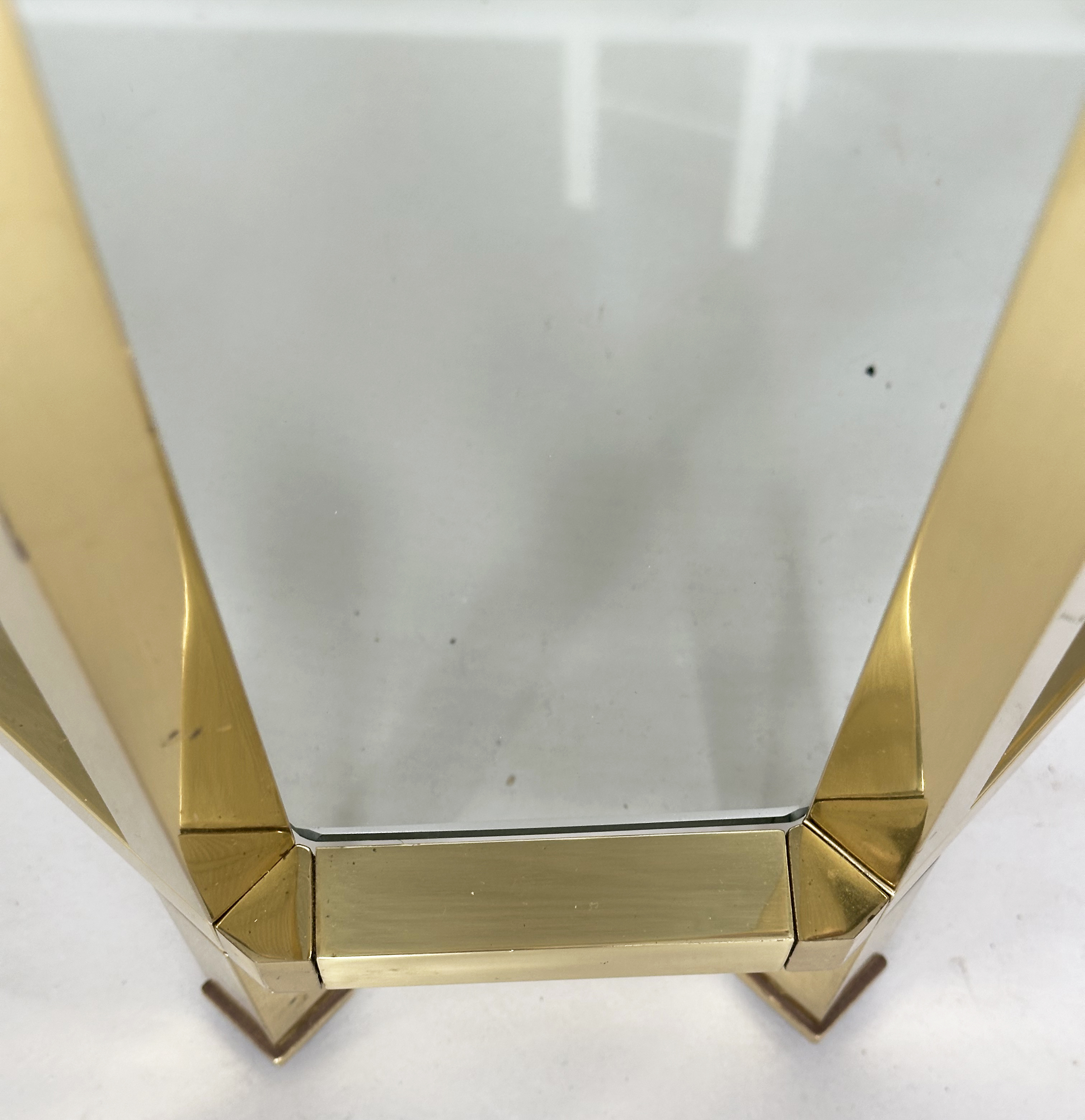 LAMP TABLES, a pair, 1970's gilt metal, square with canted corners and bevelled glass and glazed - Image 4 of 8