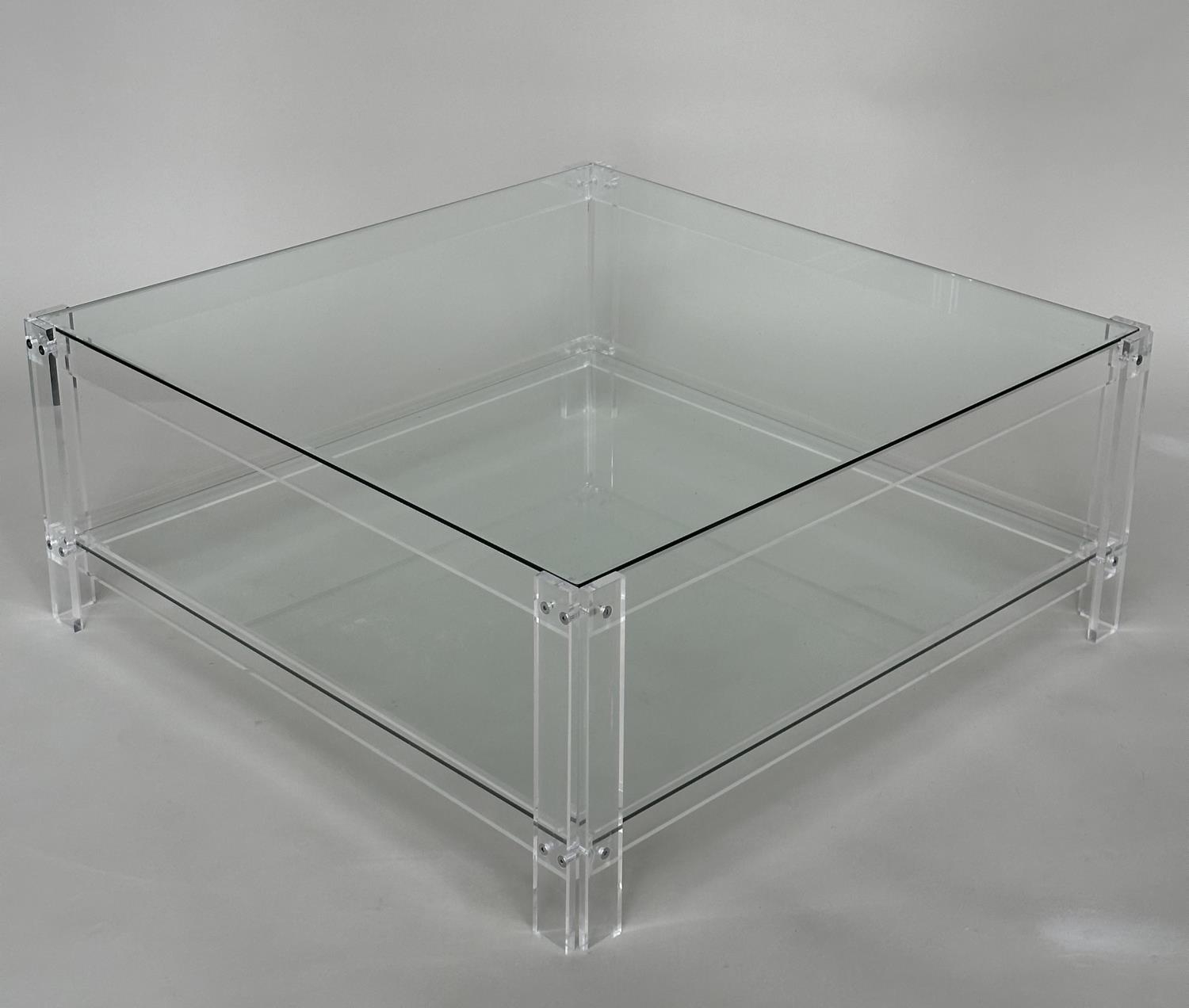 LUCITE LOW TABLE, square glazed raised upon lucite supports with undertier, 90cm x 90cm x 38cm. - Image 4 of 6