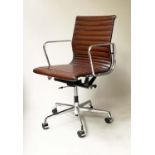 REVOLVING DESK CHAIR, Charles and Ray Eames inspired, with ribbed natural tan leather upholstered