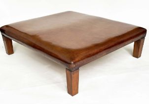 HEARTH/CENTRE STOOL, Large square natural soft tan brown leather raised on square section tapering