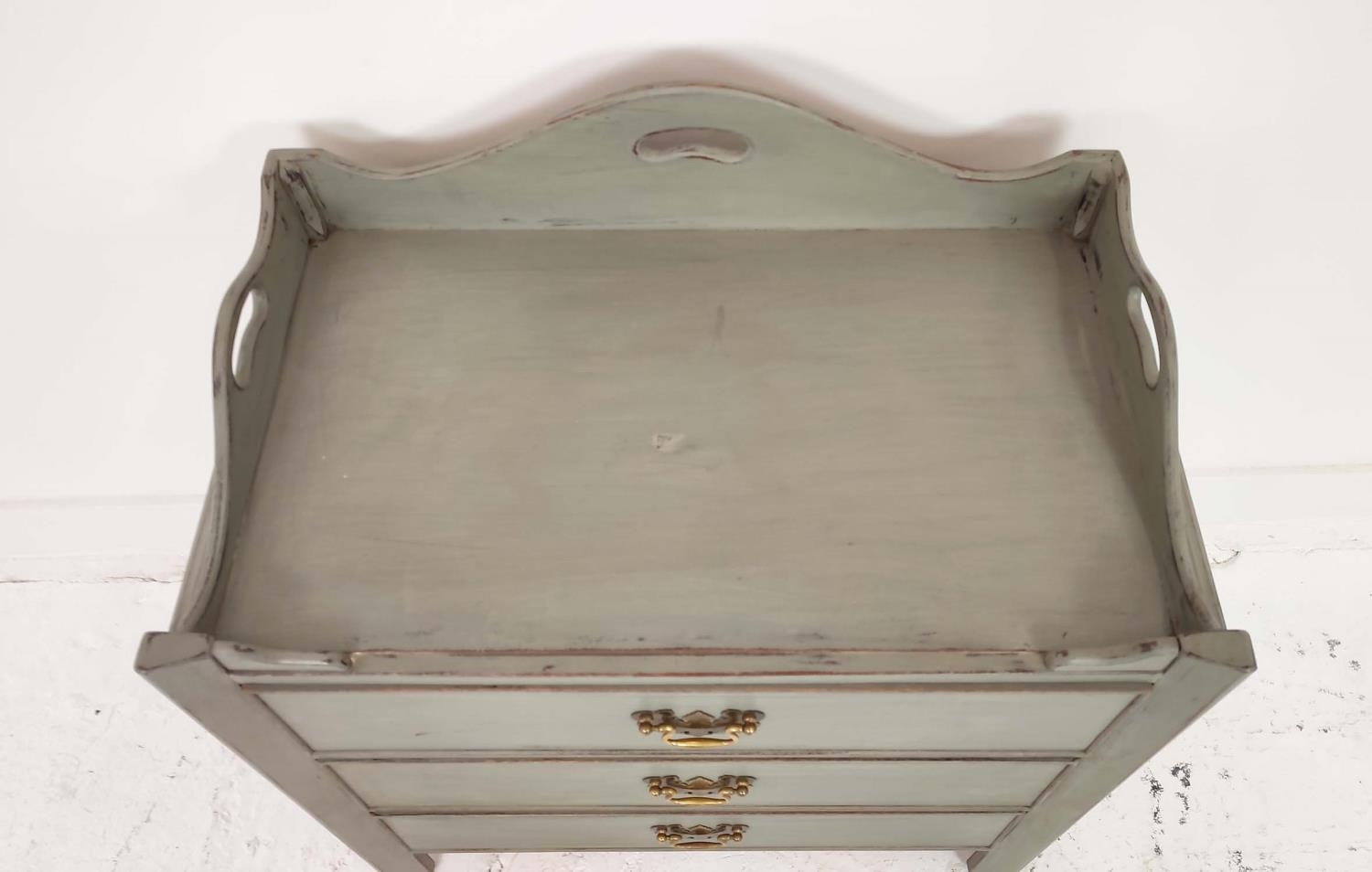 BEDSIDE CHESTS, a pair, grey painted, each with three drawers, labelled William L Maclean, 68cm H - Image 8 of 9