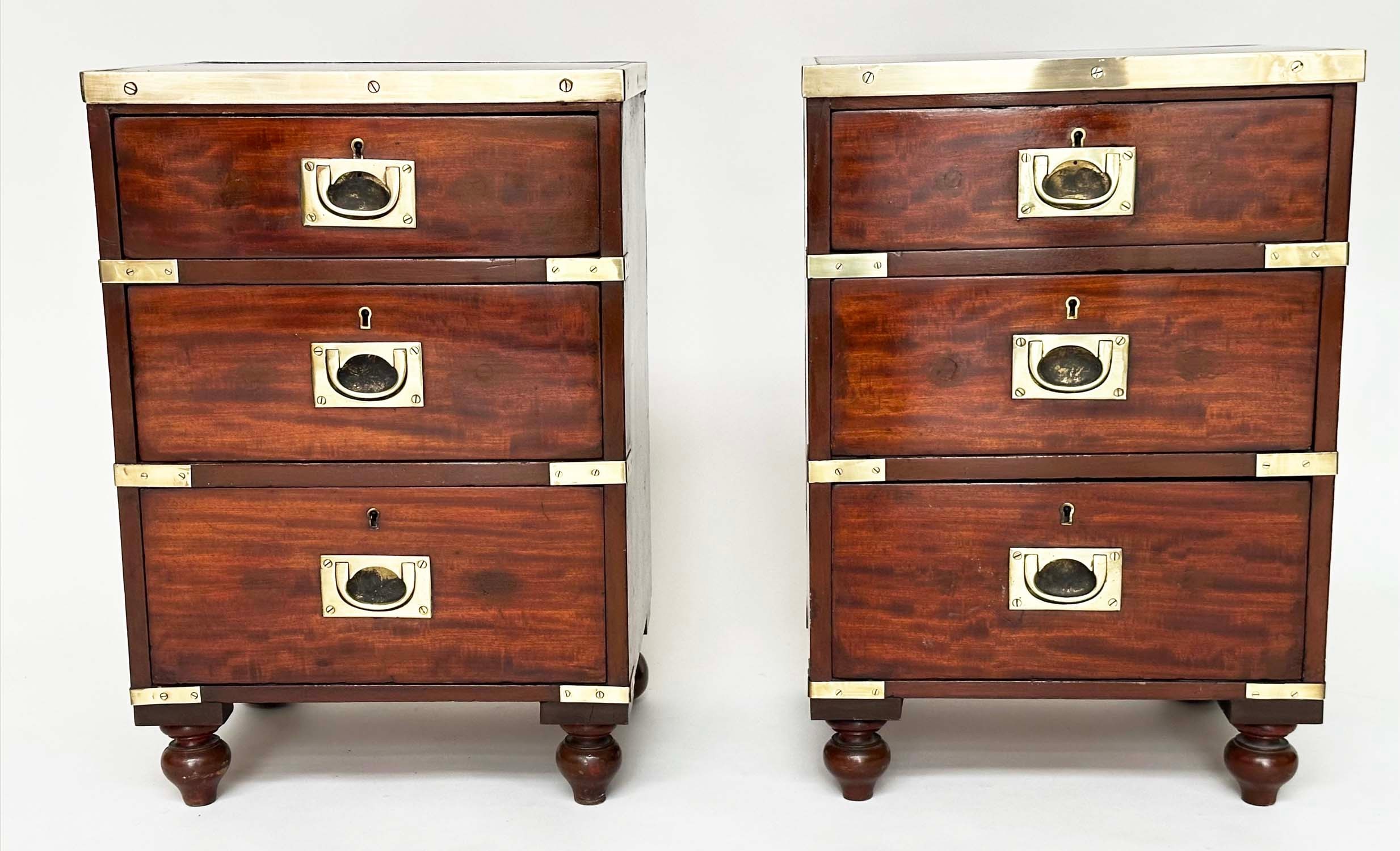 CAMPAIGN CHESTS, a pair, mahogany and brass bound each with three drawers and turned supports, - Image 10 of 10