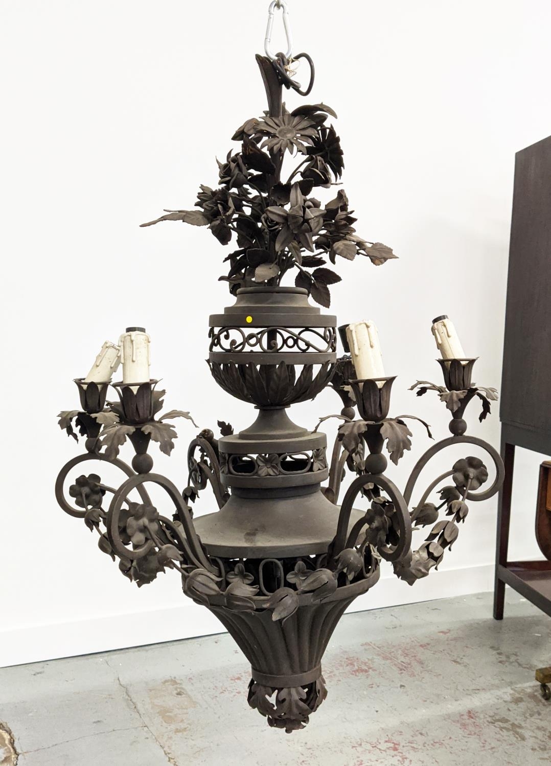 CHANDELIER, patinated metal of six lights, approx 98cm H x 66cm W. - Image 2 of 6