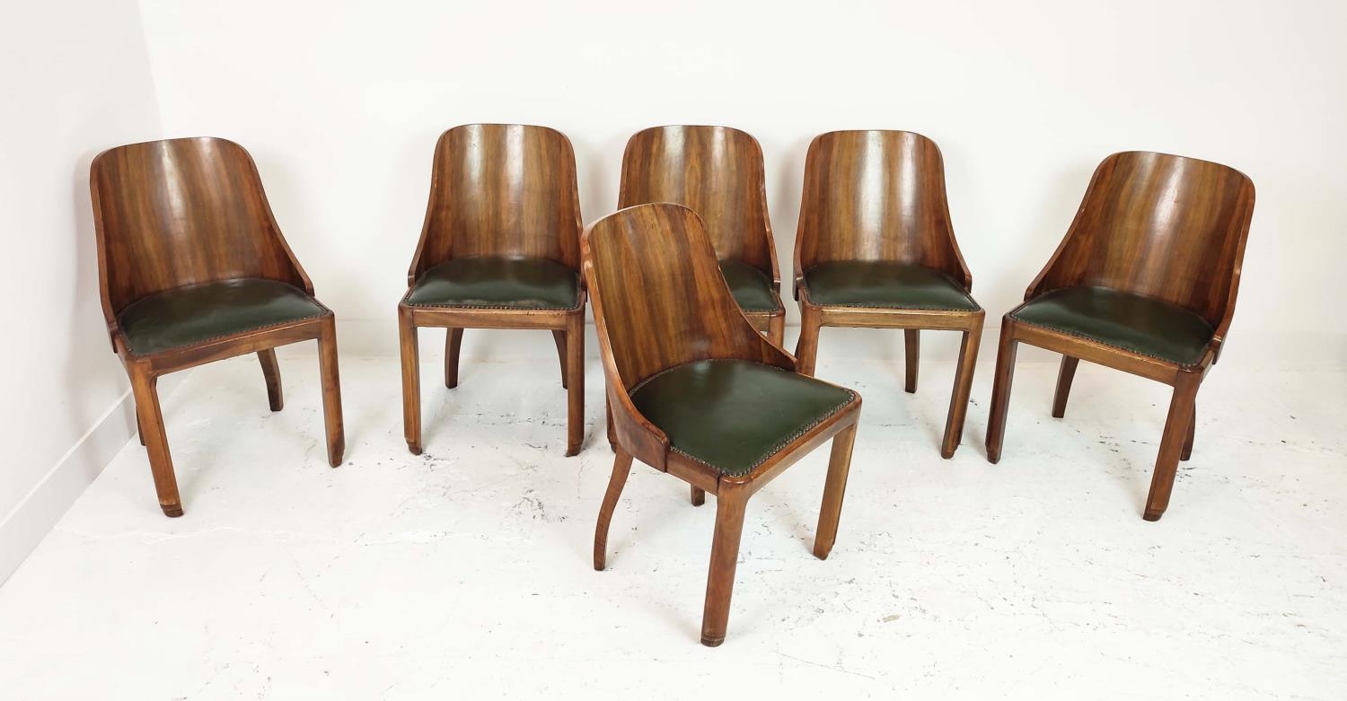 ART DECO DINING CHAIRS, a set of six, walnut, with curved backs and green leather seats, each 49cm W - Image 2 of 10