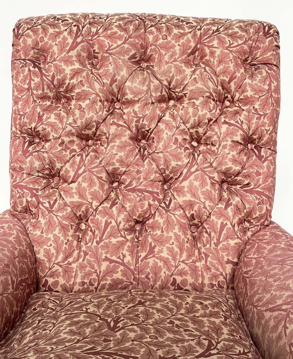 HOWARD STYLE ARMCHAIR, with button back, scroll arms, feather cushion and turned front supports - Image 6 of 7