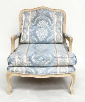 FAUTEUIL, French Louis XV style fruitwood with woven smoke blue and cream upholstery.