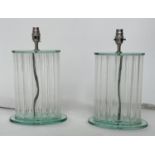 TABLE LAMPS BY GREEN APPLE, a pair, glass oval each with twenty graduated glass column supports,