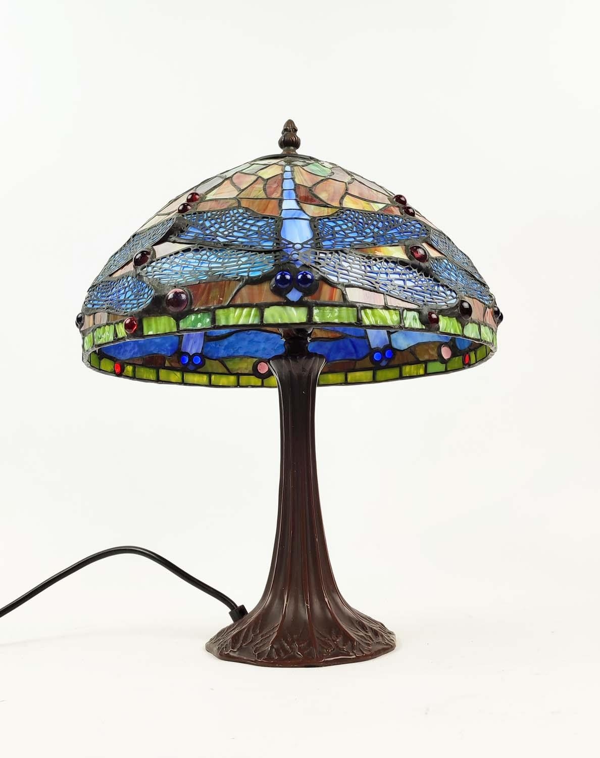 TABLE LAMP, Tiffany style, stained glass shade, bronzed base, 41cm high.
