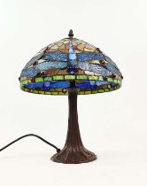 TABLE LAMP, Tiffany style, stained glass shade, bronzed base, 41cm high.