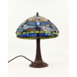 TABLE LAMP, Tiffany style, stained glass shade, bronzed base, 41cm high.