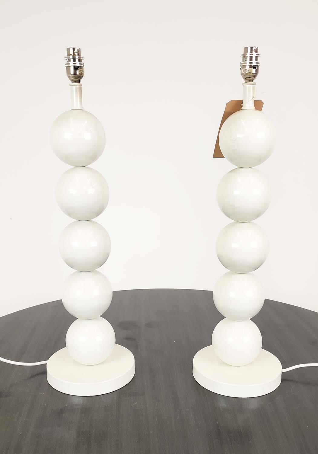 COACH HOUSE TABLE LAMPS, a pair, white metal ball stems, 62cm H. (2)