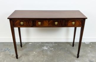 HALL TABLE, Georgian style mahogany, with crossbanded top above three drawers, 82cm H x 122cm W x