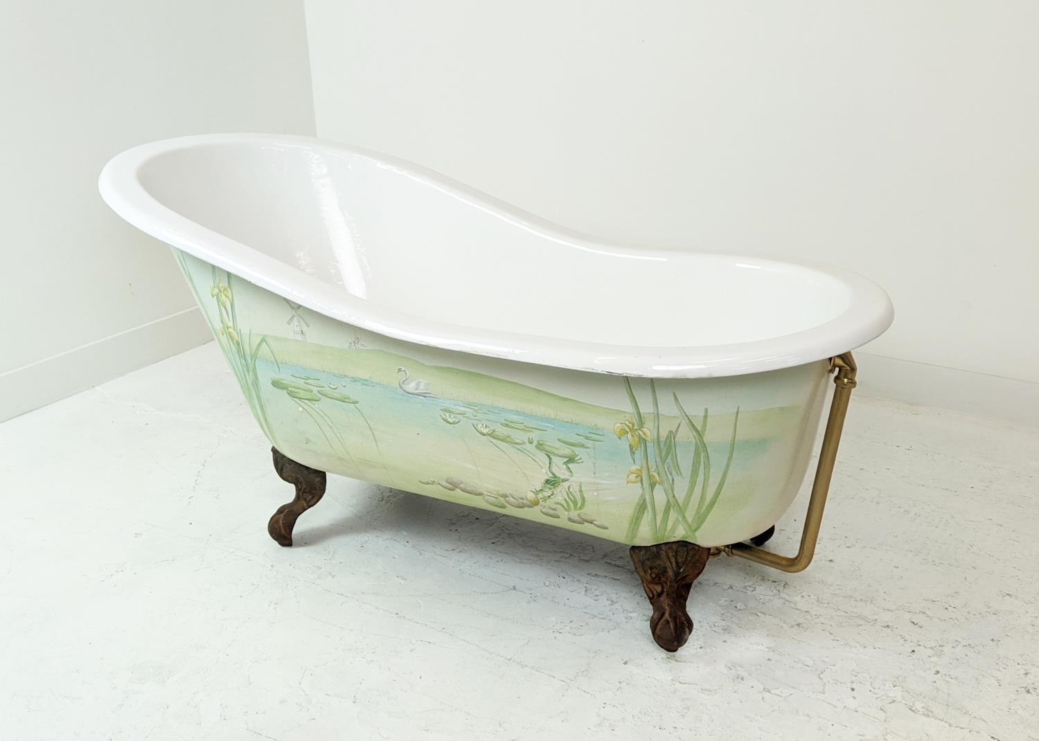 CAST IRON SLIPPER BATH, on ball and claw feet with one side having a painted riperian scene - Image 3 of 11