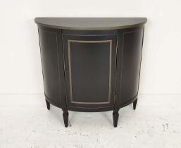 DEMI LUNE SIDE CABINET, black painted, lockable door, containing single shelf inside, 91.5cm x