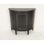 DEMI LUNE SIDE CABINET, black painted, lockable door, containing single shelf inside, 91.5cm x