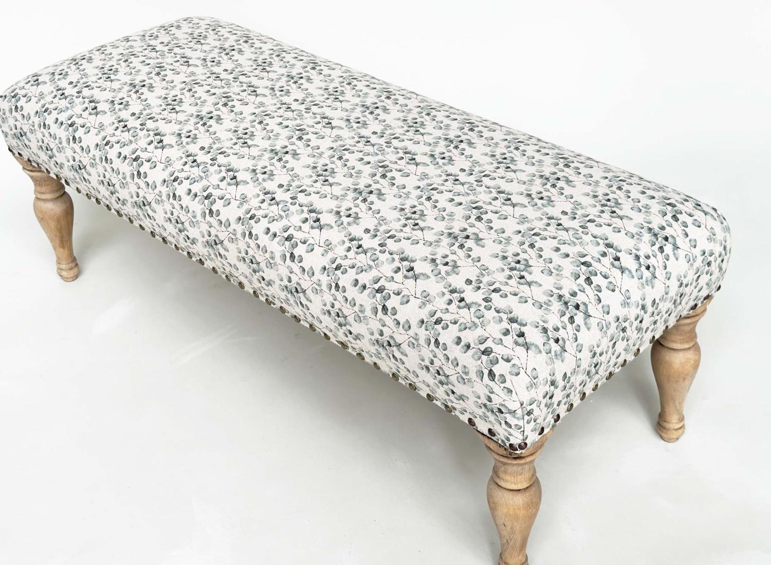 WINDOW SEAT, rectangular with close nailed eucalytus printed cotton upholstery and turned - Image 6 of 10