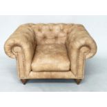 CHESTERFIELD ARMCHAIR, deep buttoned nubuck light tan leather with turned supports, 116cm x 73cm H.