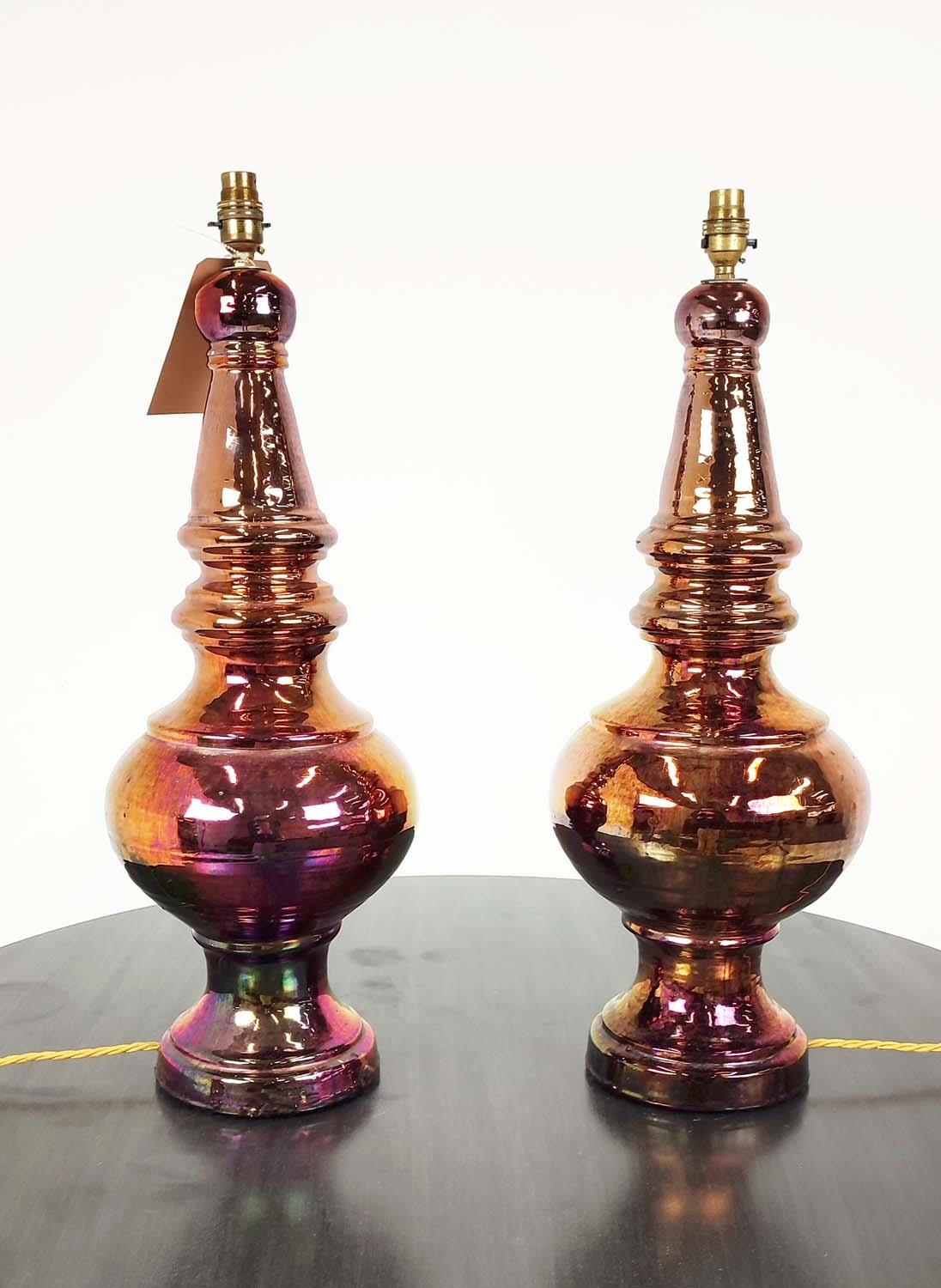 TABLE LAMPS, a pair, 1960s style iridescent lustre finish, 67cm H. (2)