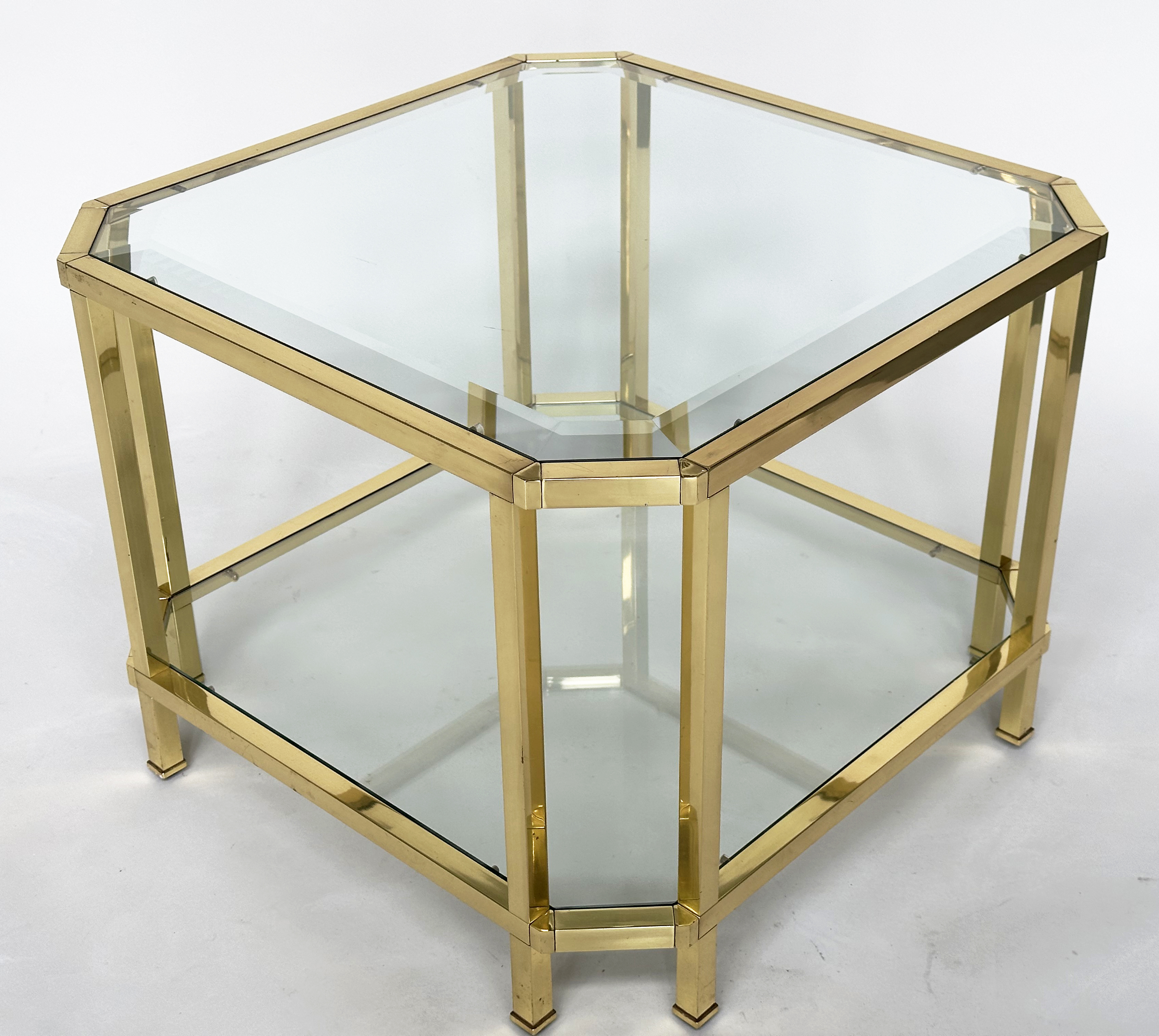 LAMP TABLES, a pair, 1970's gilt metal, square with canted corners and bevelled glass and glazed - Image 3 of 8