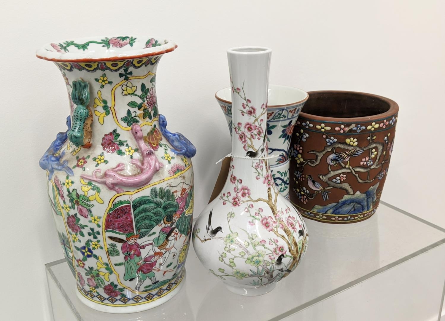 CHINESE PORCELAIN VASES, three including a bottle vase and a GU and I-Hing pottery jardiniere. (4) - Image 3 of 29