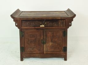 CHINESE ALTAR CABINET, 19th century padouk, with single drawer over cupboard doors, 88cm H x 100cm W