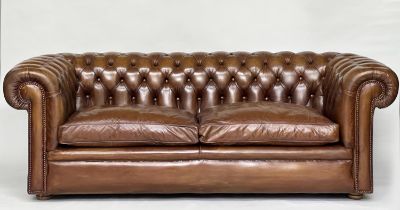 CHESTERFIELD SOFA, traditional soft antique tan brown natural leather with deep buttoned rounded arm