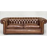 CHESTERFIELD SOFA, traditional soft antique tan brown natural leather with deep buttoned rounded arm