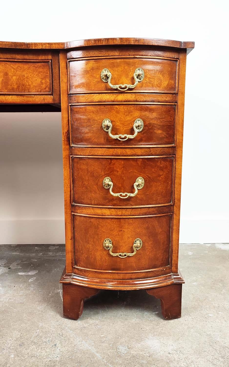 KNEEHOLE DESK, Georgian style, burr walnut with black leather top above nine bowed drawers, 75cm H x - Image 3 of 10