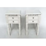BEDSIDE CHESTS, a pair, French style traditionally grey painted each with two drawers, pierced
