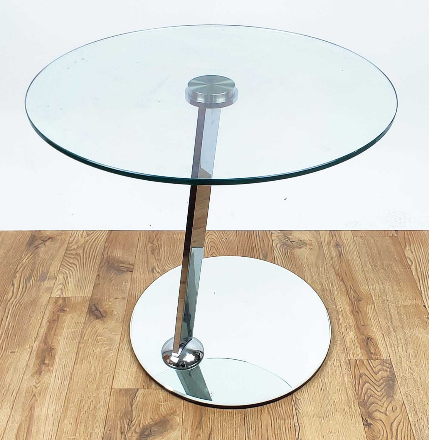 SIDE TABLE, contemporary design, mirrored base, glass top, 60cm diam x 55cm H.
