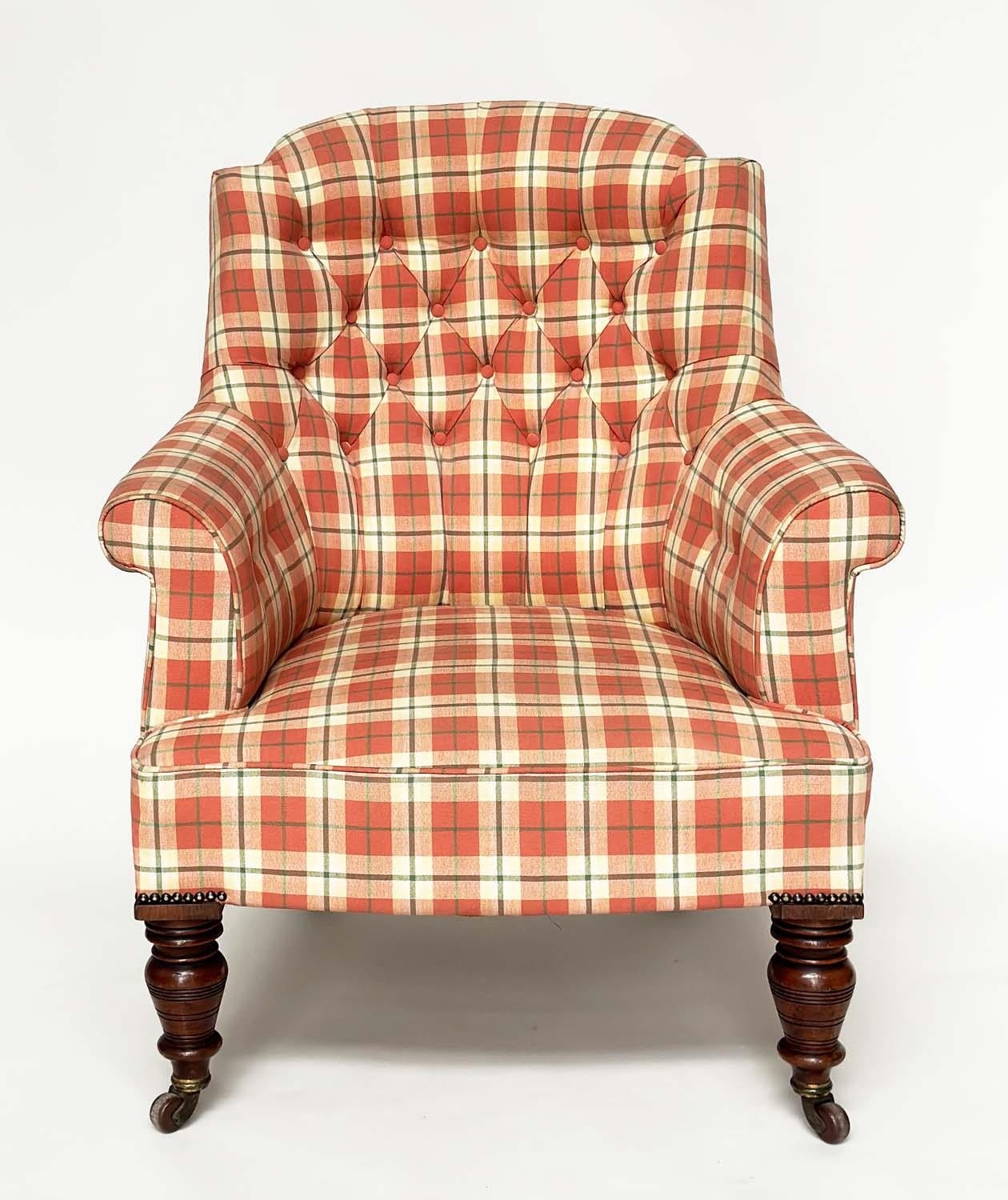 ARMCHAIR, Victorian mahogany line check button upholstery, with scroll arms and turned supports, - Image 3 of 6