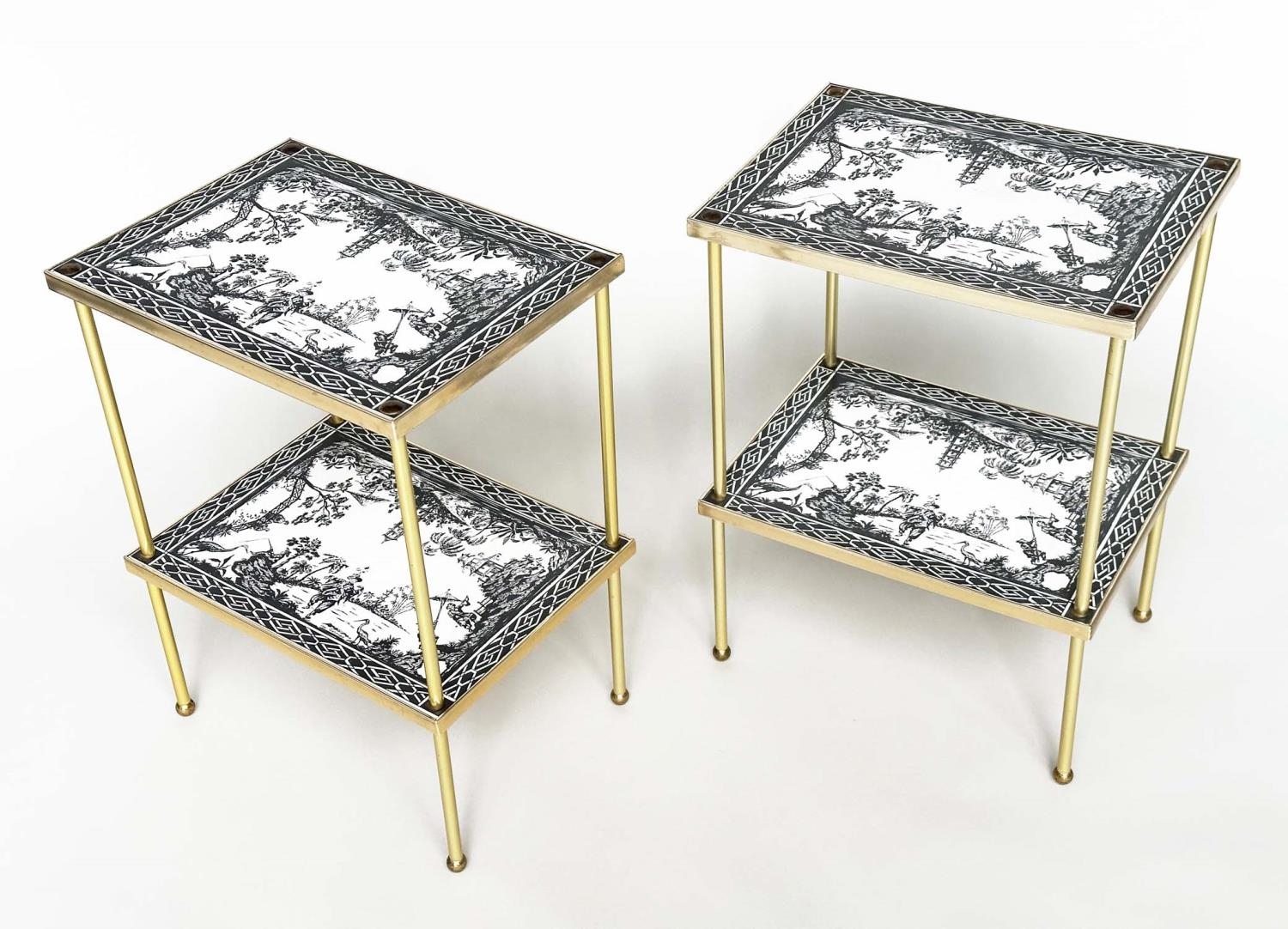 ETAGERES, a pair, Regency style, gilt metal each with two tiers and scenes depicting black and white - Image 4 of 11